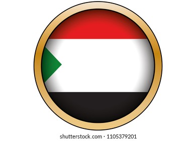A 3D Gold Round Button with the Flag of Sudan