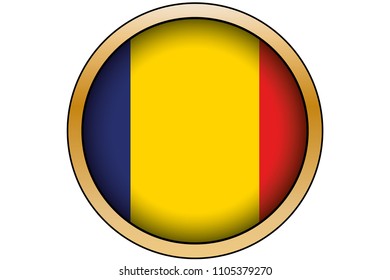 A 3D Gold Round Button with the Flag of Romania