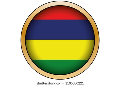 A 3D Gold Round Button with the Flag of Mauritius