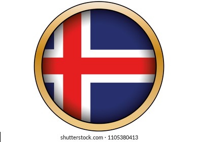A 3D Gold Round Button with the Flag of Iceland