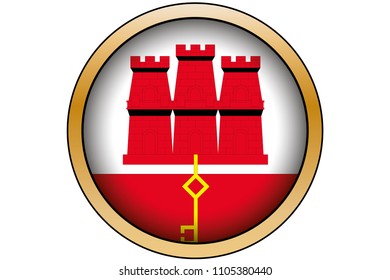 A 3D Gold Round Button with the Flag of Gibraltar