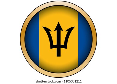 A 3D Gold Round Button with the Flag of Barbados