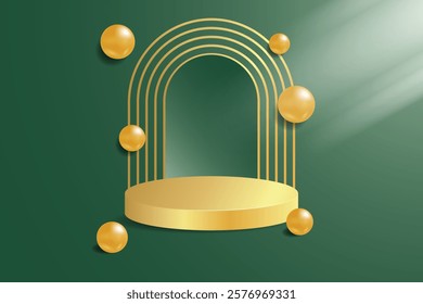 3D gold round product podium with ball decoration set background with natural light green. Abstract composition in minimalist design. 3D studio display showroom cosmetic product pedestal, fashion stag