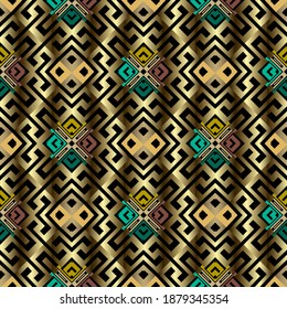 3d gold seamless pattern. Greek ornamental surface golden background. Repeat decorative vector backdrop. Tribal ethnic style luxury ornaments. Greek key, meanders. Geometric modern ornate design.