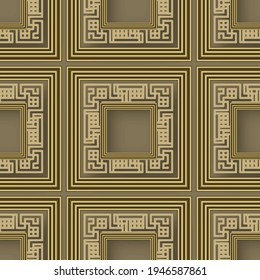 3d gold seamless pattern. Vector greek background. Surface repeat square frames backdrop. Modern ornament with greek key, meanders, squares, frames, mazes, shapes. Ornate golden design with shadows.