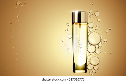 3D Gold Serum  Essence Oil Bottle On Bubble Liquid Effect Background. Premium Skincare Treatment Ad Concept Template. Vector Gold Water Oil Bubbles Illustration