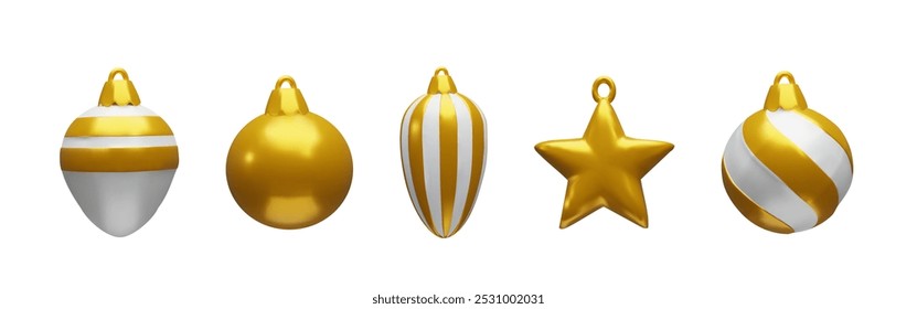 3d gold set render Christmas ball shapes. Realistic three-dimensional vector illustration. Winter holiday colors decoration in cartoon luxury style. Collection for Happy New year and Merry Christmas.