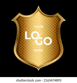 3D gold shield for logo holder with blank label and star. Symbol of security, power, protection. Badge shape shield graphic design Vector illustration