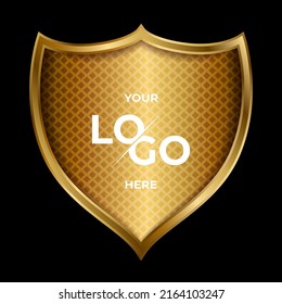 3D gold shield for logo holder with blank label and star. Symbol of security, power, protection. Badge shape shield graphic design Vector illustration