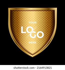 3D gold shield for logo holder with blank label and star. Symbol of security, power, protection. Badge shape shield graphic design Vector illustration