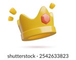 3d gold shining crown emoji with a red gemstone. Cute winner prize or award vector illustration isolated on white background.