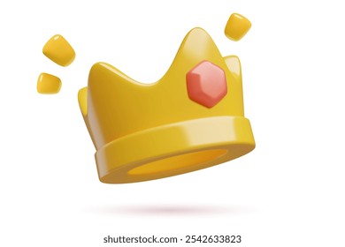 3d gold shining crown emoji with a red gemstone. Cute winner prize or award vector illustration isolated on white background.