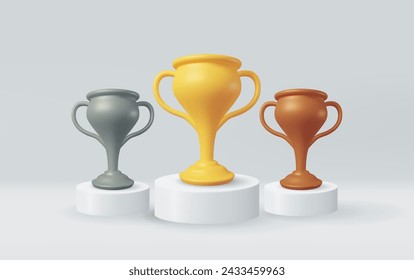 3D Gold, Silver and Bronze Champion Trophy. Render Cup Trophy Icon. Trophy for Competitions. Award, Victory, Goal, Champion Achievement, Prize, Sports Award, Success Concept. Vector Illustration