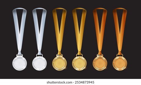 3D Gold, Silver and Bronze Medals with Wreaths, Branches, Leaves, Star, and Ribbon. Award and Achievement Design Concept Vector