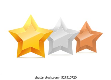 3D gold, silver and bronze stars in a row isolated on white background. Vector illustration