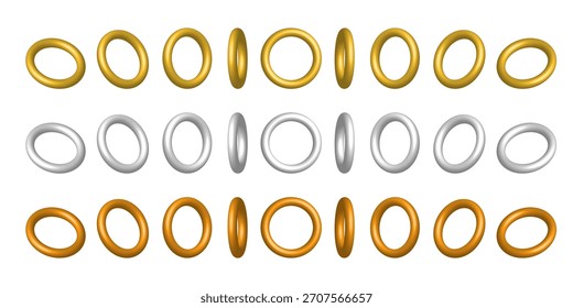 3D Gold, Silver and Copper Rings Set – Falling Metallic Round Jewelry Accessories in Multiple Angles, Shiny Decorative Circular Elements Realistic Vector Illustration.