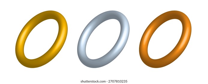 3D Gold, Silver and Copper Rings Set – Realistic Metallic Round Jewelry Accessories in Side and Perspective View, Shiny Decorative Circle Elements Vector Illustration on White Background