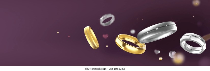 3d gold and silver couple wedding ring vector. Realistic marriage jewelry banner for celebration anniversary or honeymoon design. Luxury flying jewellery for bridal salon. Unity and connect symbol