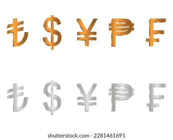 3d gold and silver currency symbol set of various countries