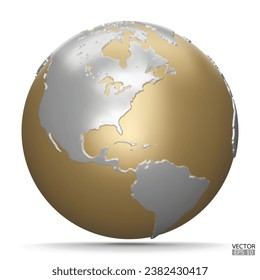 3D gold and silver Earth Globes with shadow on white background. Golden Modern world map. World planet. Travel around the world, Earth Day, or environment conservation concept. 3D vector illustration.