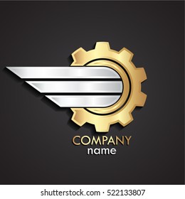 3d Gold Silver Gear With Metal Wing Logo