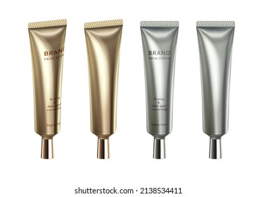 3d gold and silver metallic cosmetic tubes isolated on white background.