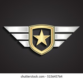 3d gold silver military star and shield with  wings