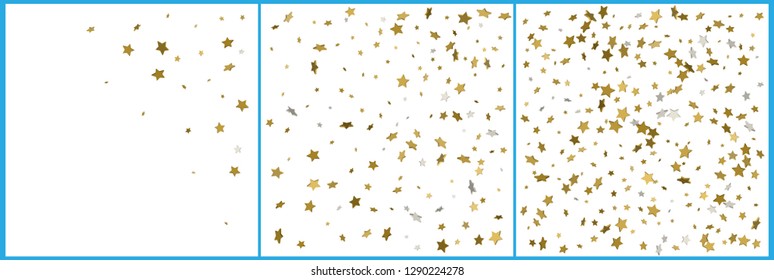 3d gold and silver stars confetti celebrations. Simple festive modern design. Holiday vector. Set 3 in 1
