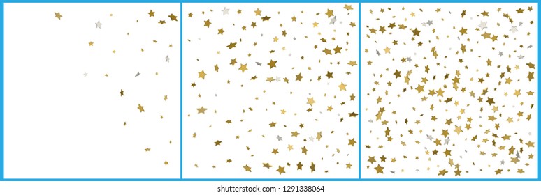 3d gold and silver stars confetti celebrations. Simple festive modern design. Holiday vector. Set 3 in 1