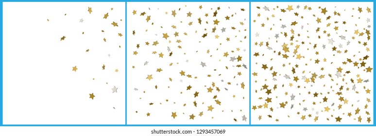 3d gold and silver stars confetti celebrations. Simple festive modern design. Holiday vector. Set 3 in 1