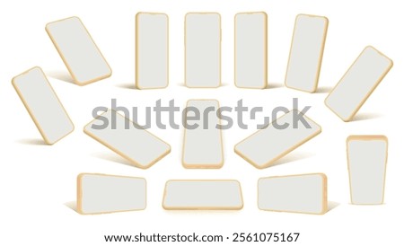 3D Gold Smartphone Mockup Collection: Golden Mobile Devices in Front, Side, Top, and Perspective Views with Blank Screens - Vector