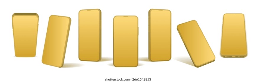 Maqueta de Smartphone en Oro 3D – Vista frontal, lateral y de Perspectiva de teléfonos móviles dorados sobre fondo blanco Ilustración vectorial