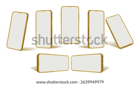 3D Gold Smartphone Mockup – Front, Side, and Perspective Angle Views of Golden Mobile Phone with White Screen | Vector Illustration
