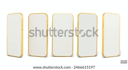 3D gold smartphone mockup with white screen. Golden mobile phone isolated on white background. 3d vector illustration.