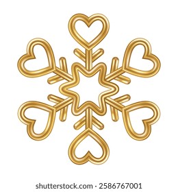 3d gold snowflake. Bronze realistic Merry Christmas decoration isolated on white background. Golden Xmas icon. Vector illustration. Snow flake, heart shape bauble, winter symbol