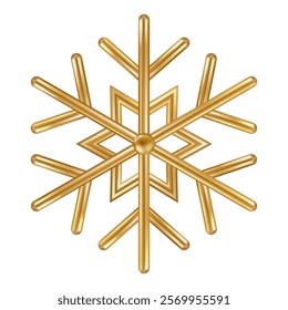 3d gold snowflake. Chrome realistic Christmas decoration isolated on white background. Golden lace Xmas icon. Vector illustration. Snow flake bauble, winter symbol