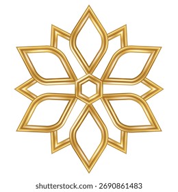 3d gold snowflake. Chrome realistic Christmas decoration isolated on white background. Golden flower Xmas icon. Vector illustration. Snow flake bauble, metallic winter symbol