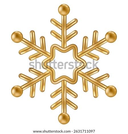 3d gold snowflake. Chrome realistic Christmas decoration isolated on white background. Golden lace Xmas icon. Vector illustration. Snow flake bauble, metal winter symbol