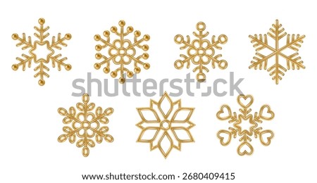 3d Gold Snowflakes Set. Bronze realistic Merry Christmas decoration isolated on white background. Golden Xmas icon. Vector illustration. Snow flake shape bauble, New Year winter symbol