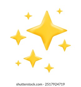 3D gold sparkle stars set, Cute realistic cartoon 3d render, glossy yellow four pointed shining stars concept for magic sparkling decoration, web, game, app, design. Vector on white background.