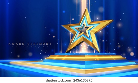 3D gold star award on display stand with sparkling decoration on blue spotlight background.