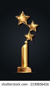 3D Gold STAR AWARD Statue Prize Giving Ceremony. Golden stars prize concept, Silhouette statue icon. Films and cinema symbol stock, Academy award vector isolated or black background