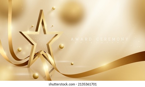 3d gold star background with ribbon element and ball with glitter light effect and bokeh decoration. Luxury award ceremony concept.