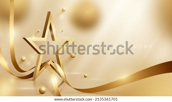 3d gold star background with ribbon element and\
ball with glitter light effect and bokeh decoration. Luxury award\
ceremony concept.