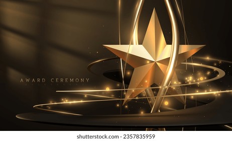 Der 3. goldene Stern mit schwarzen Bandelementen und Sonnenlicht bricht durch das Hinterfenster mit Bokeh-Dekorationen. Hintergrund der Preisverleihung.