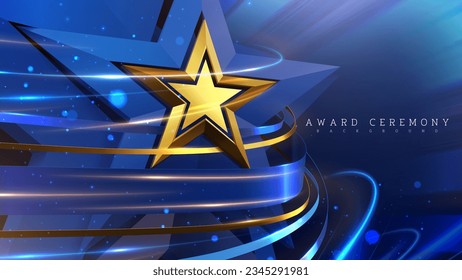 3d gold star with blue ribbon elements with light beam effects and bokeh decorations on dark scene. Luxury award ceremony background.