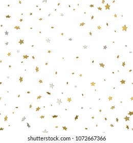3D Gold Stern Konfetti Regen festlichen Feiertag Hintergrund. goldene Stars aus Vektorillustration, die auf weißem Hintergrund herunterfallen. Nahtloses Muster