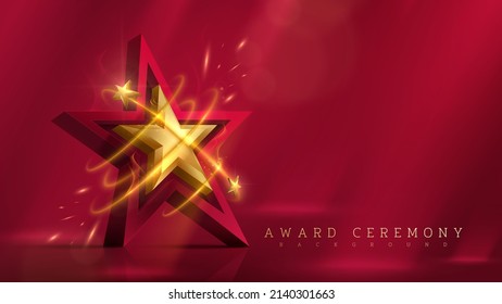 3d gold star with glitter light and fire effect decoration and bokeh element and beam. Luxury award ceremony background concept.