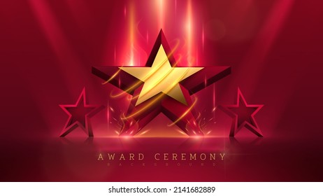 3d Gold Star With Glitter Light And Fire Effect Decoration And Bokeh Element And Beam. Luxury Award Ceremony Background Concept.