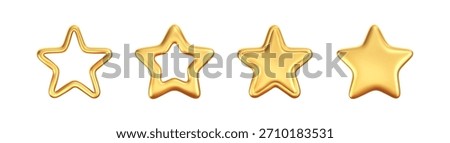 3D gold star icon isolated on white background. Glossy golden star for Christmas and New Year decoration, review, award, badge, luxury gift, premium trophy, customer feedback. 3D realistic vector